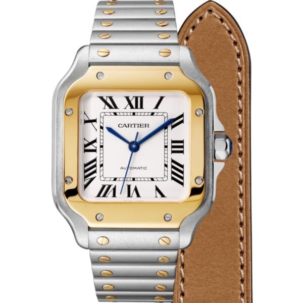Cartier Santos De Cartier Watch Medium Model Automatic Yellow Gold Steel Interchangeable Metal And Leather Bracelets W2SA0016/W2SA0007