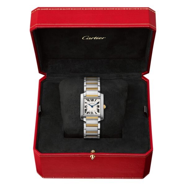 Cartier Tank Française watch medium model quartz movement. Steel case octagonal crown in yellow gold set with a synthetic cabochon-shaped spine W2TA0003
